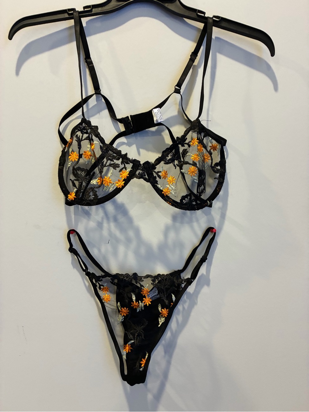 Sheer Black Lace Bra & Thong Set with Orange Floral Embroidery